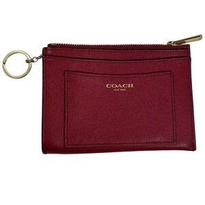 Coach Red Crossgrain Leather Mini Skinny ID Case Key Ring Wallet Zip Pouch